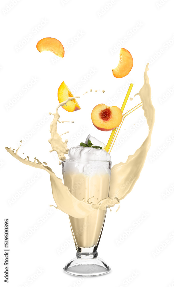 Glass of tasty milkshake on white background