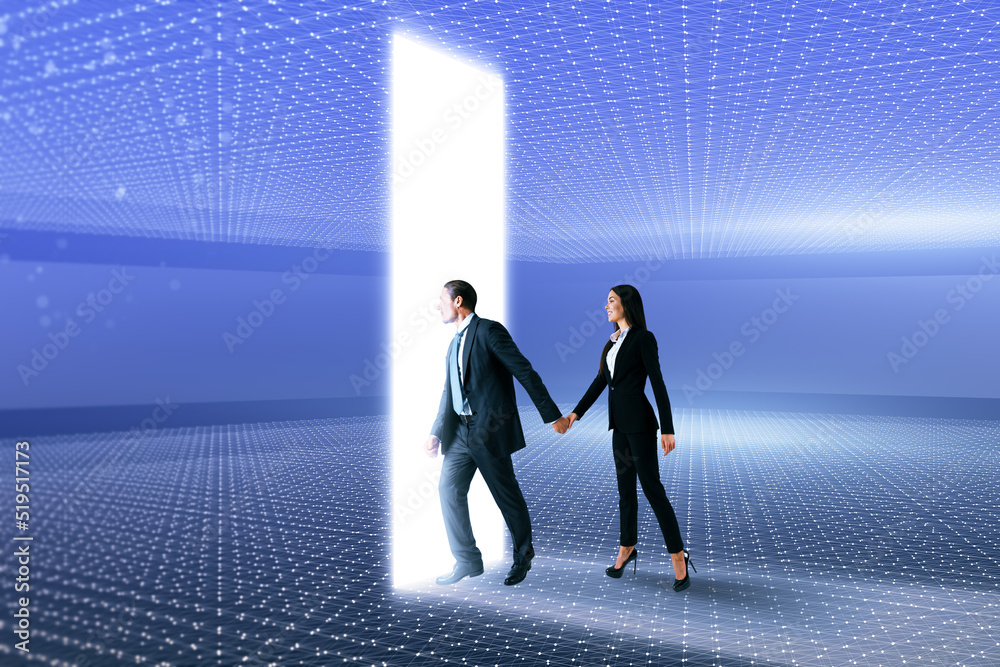 Young businessman and woman walking into metaverse world on glowing background. Meta, technology and