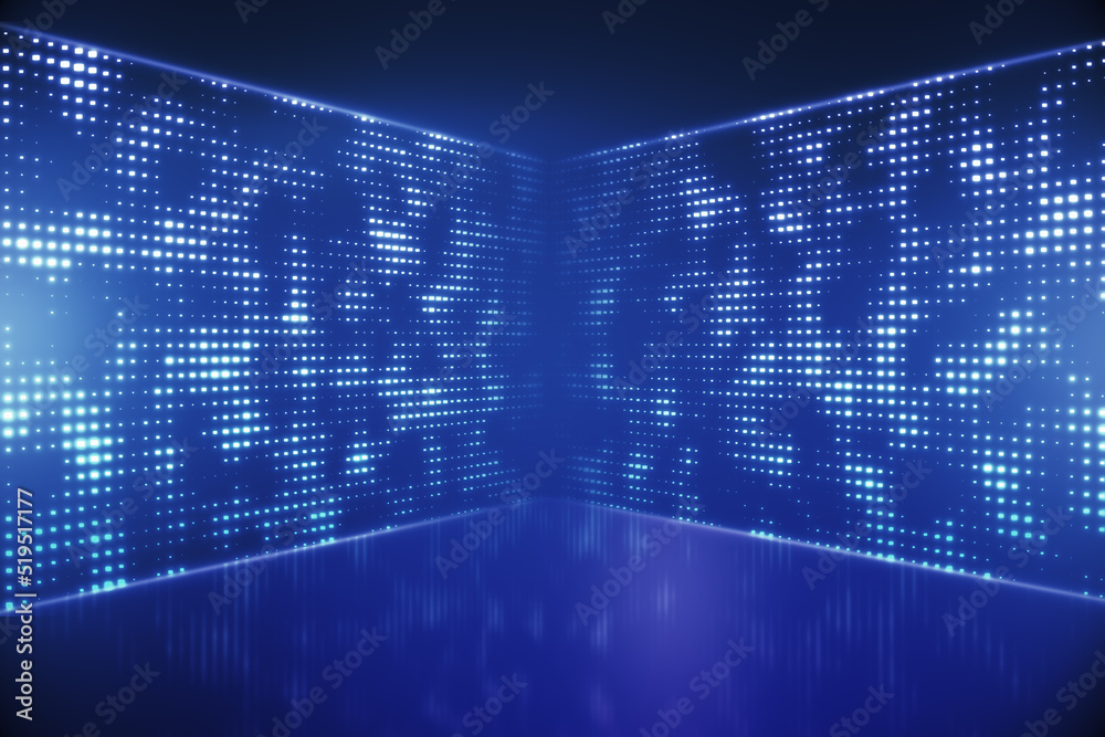 Creative metaverse room on blue background. Technology and innovation concept. 3D Rendering.