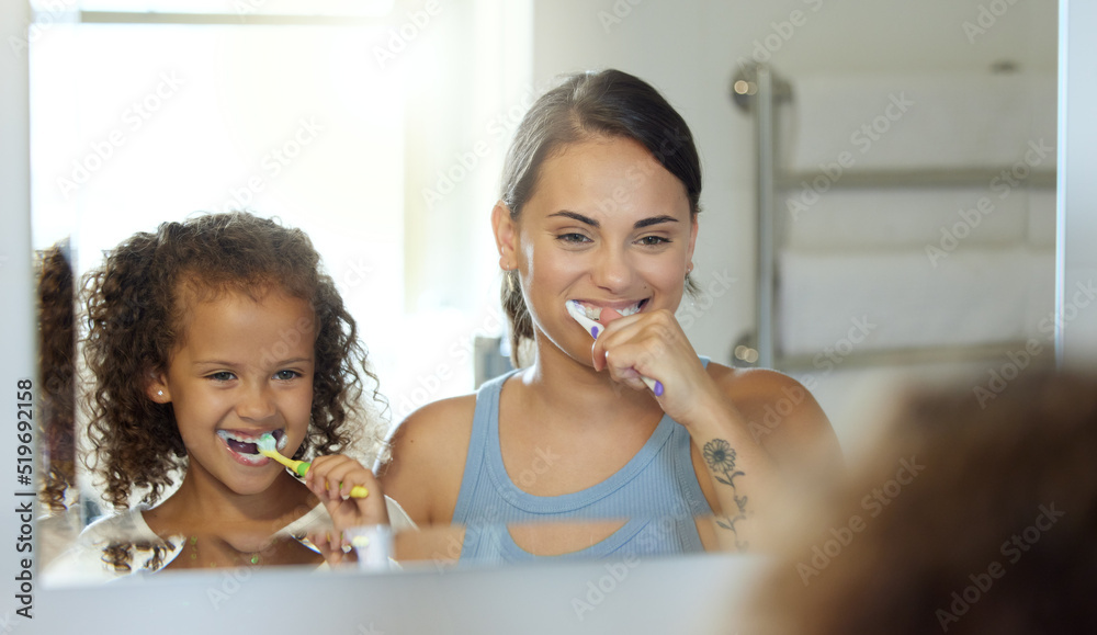 Dental care, brushing teeth and healthy routine in mother and daughter morning at home. Happy, fun a