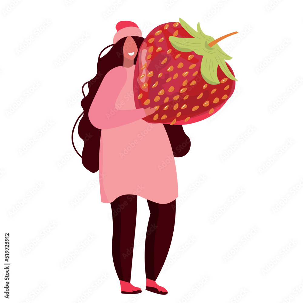 Woman with big strawberry on white background