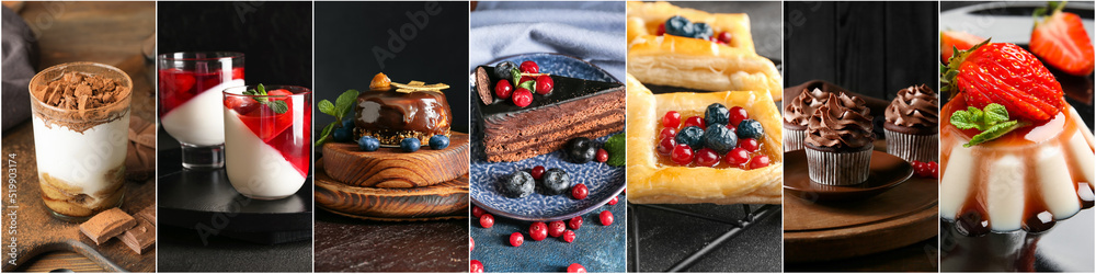 Set of tasty desserts on dark background