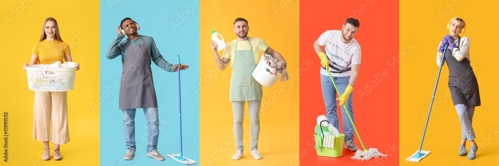 Set of people with cleaning supplies and laundry on color background