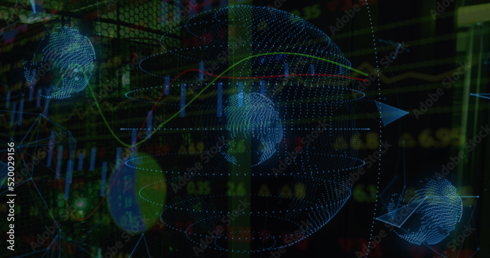 Image of data processing and globe over server room