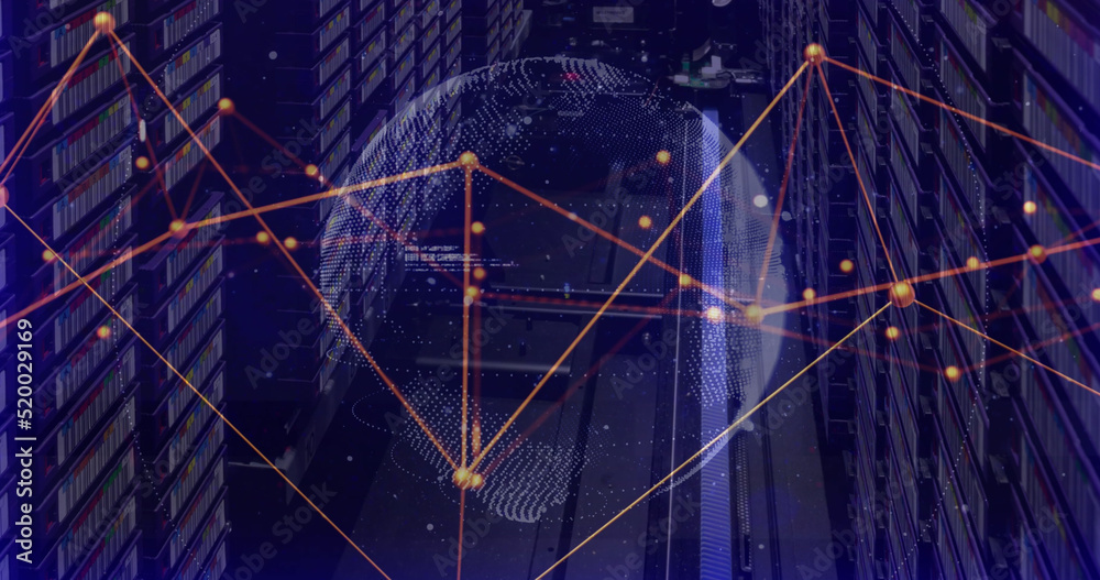 Image of data processing and globe over server room