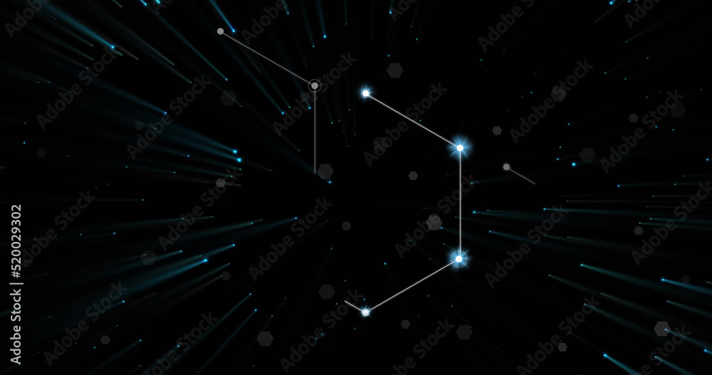 Image of connections and hexagons on black background