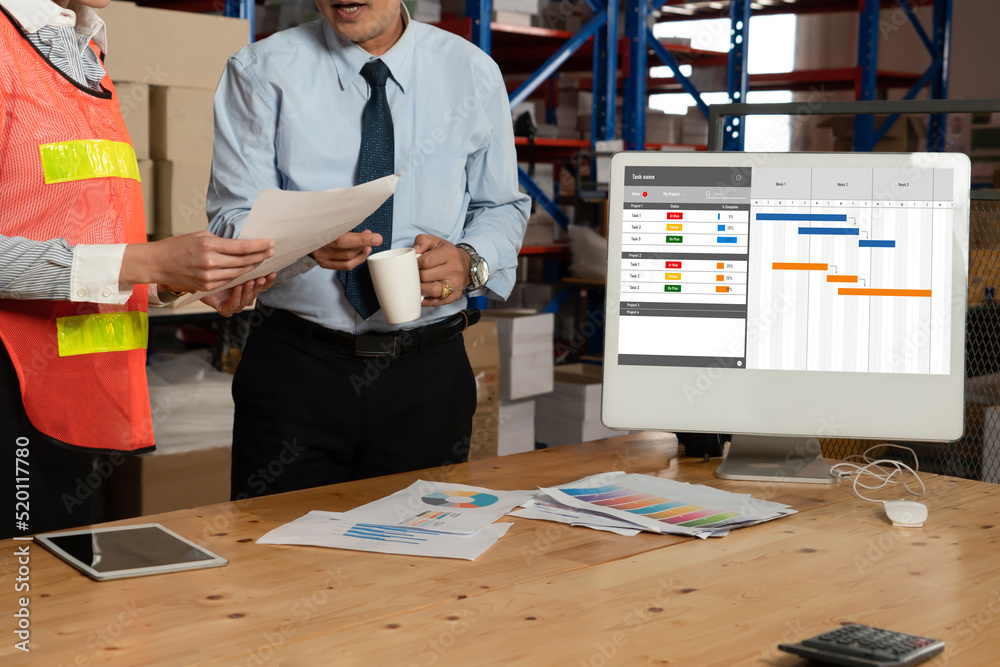 Project planning software for modish business project management on the computer screen showing time