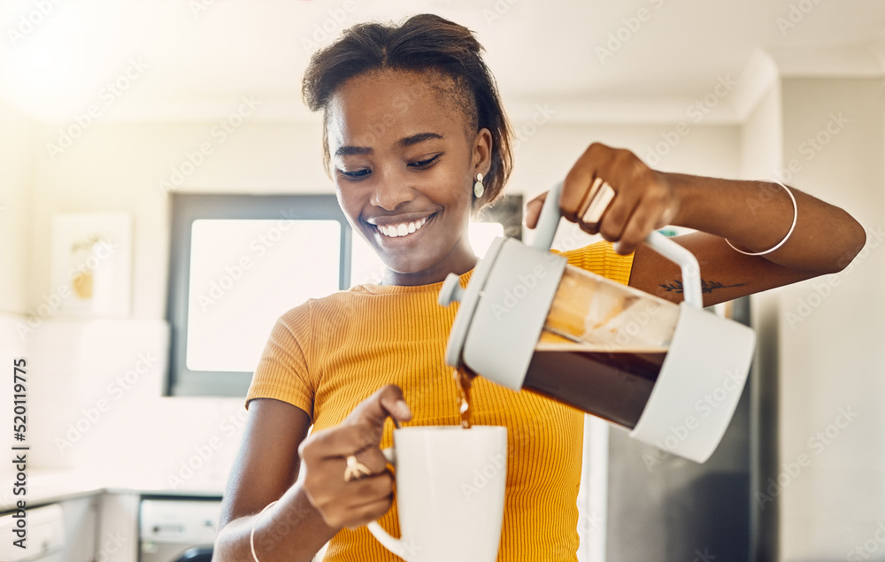 Beautiful, happy and relaxed woman making coffee and pouring hot beverage in cup for morning home ki