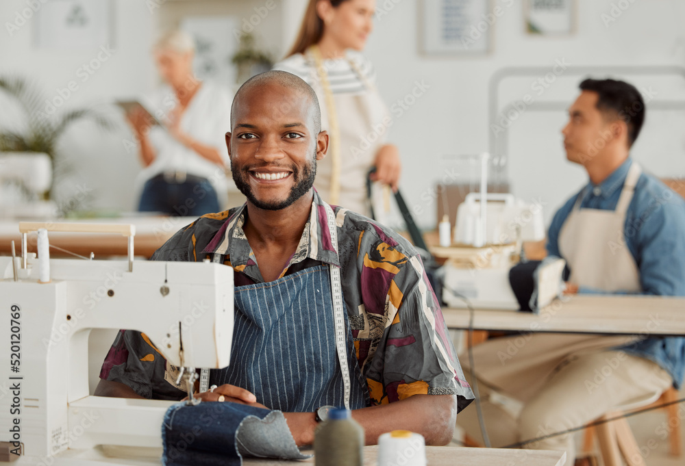 Fashion designer, young man and creative in a workshop stitching clothes. Portrait of a happy, smili