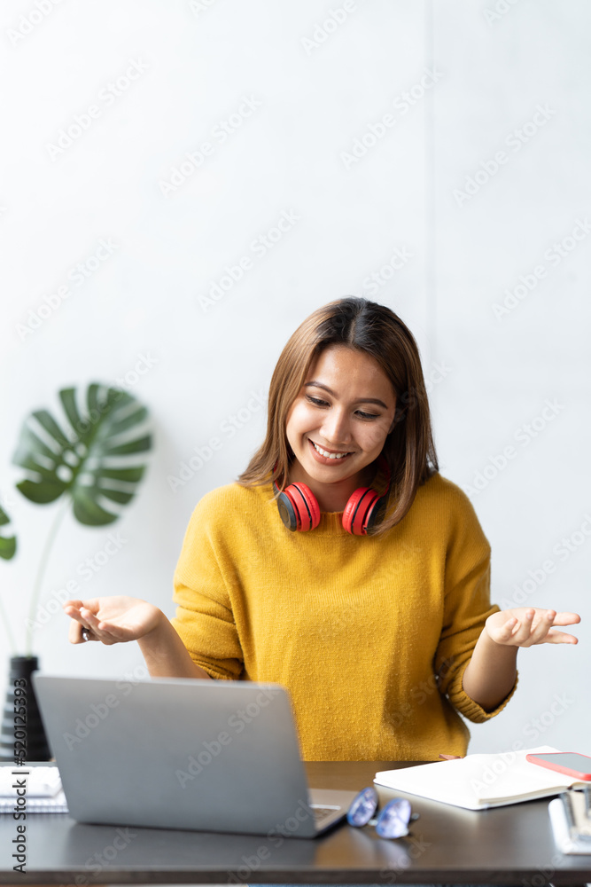 Portrait of smile beautiful business asian woman working office desk computer. Small business sme pe