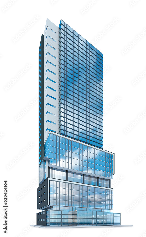 Realistic skyscraper building isolated on white background. 3d illustration