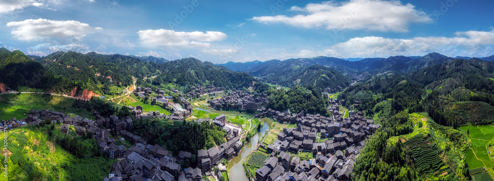 Aerial photography panorama of ancient dwellings in Chengyang Bazhai, Sanjiang