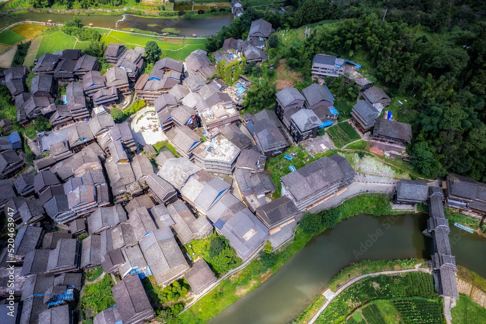 Aerial photography of the pastoral scenery of ancient Dong peoples houses in Bazhai, Chengyang, Liu