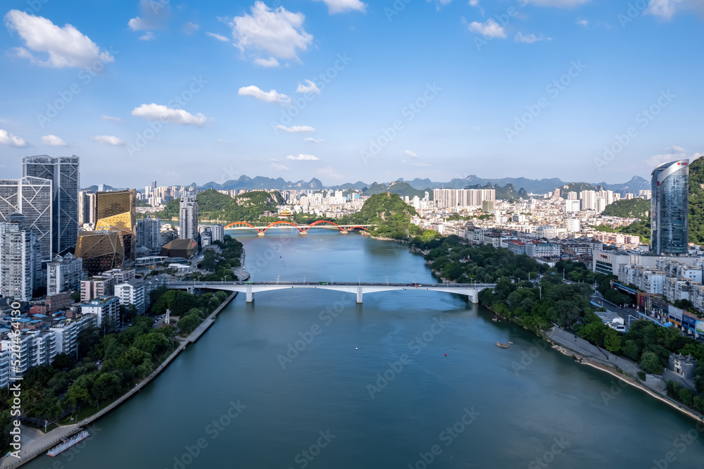 航拍中国柳州现代城市建筑景观天际线