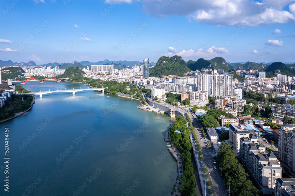 航拍中国柳州现代城市建筑景观天际线