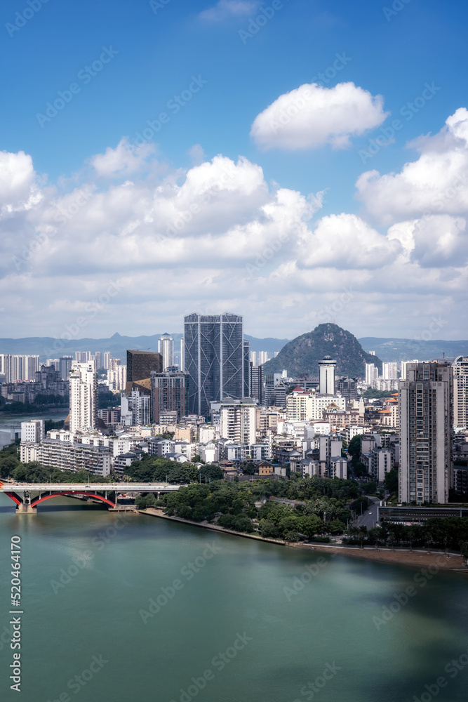 航拍中国柳州现代城市建筑景观天际线