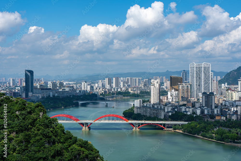 航拍中国柳州现代城市建筑景观天际线