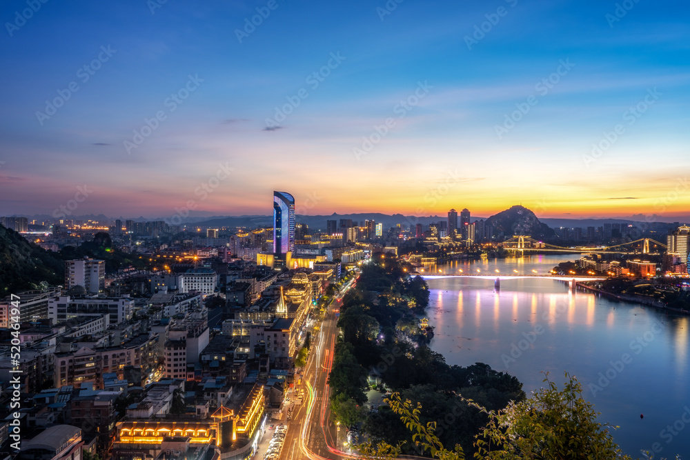 Aerial photography of city night view of Liuzhou, China