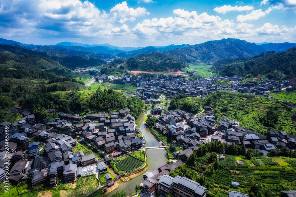 Aerial photography of Liuzhou Sanjiang Chengyang Bazhai pastoral scenery panorama