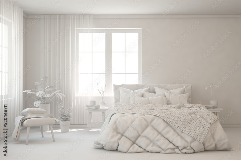 White bedroom interior. Scandinavian design. 3D illustration