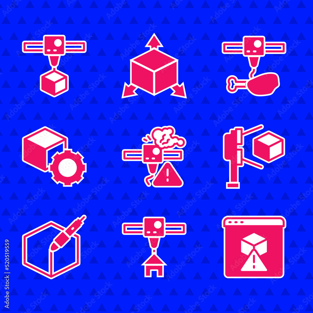 Set 3D printer warning, house, scanner with cube, 3d pen tool, Isometric, chicken leg and icon. Vect