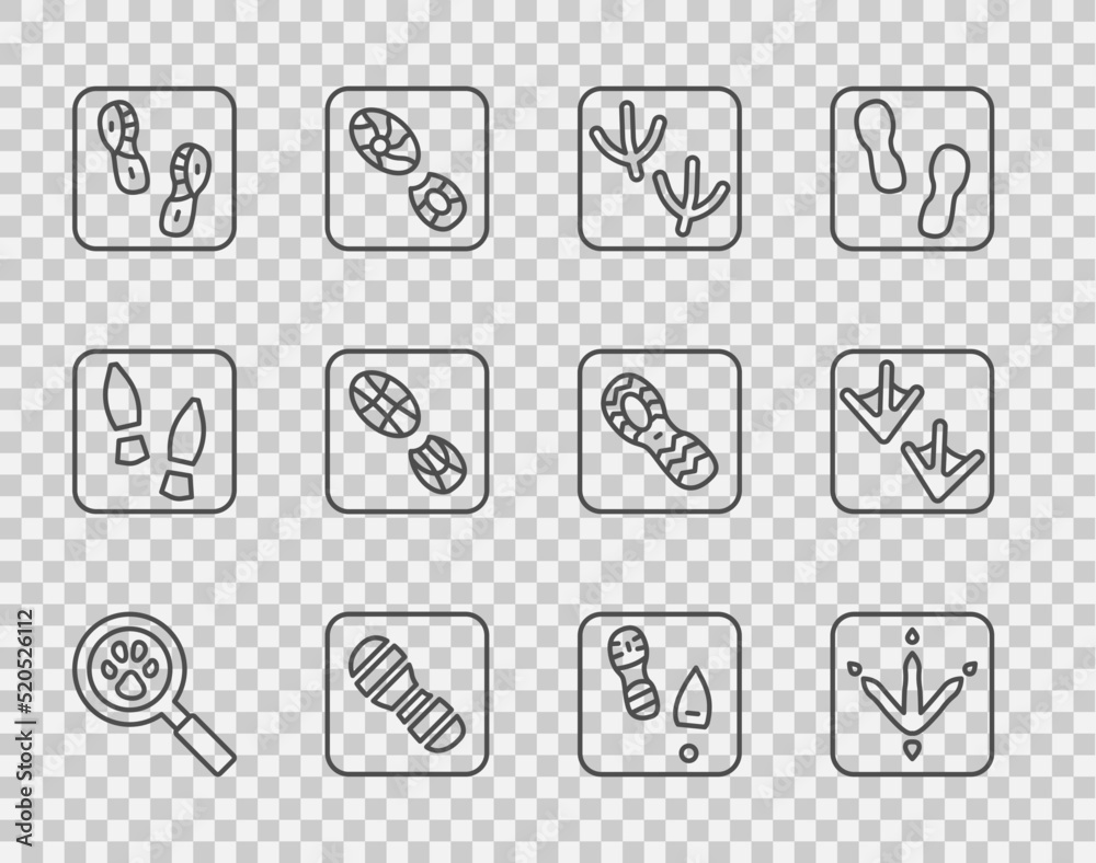 设置行爪搜索、鸡爪足迹、鸽子、人类足迹鞋和鹅图标。矢量