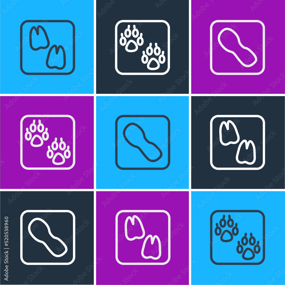 Set line Camel paw footprint, Human footprints shoes and Paw icon. Vector