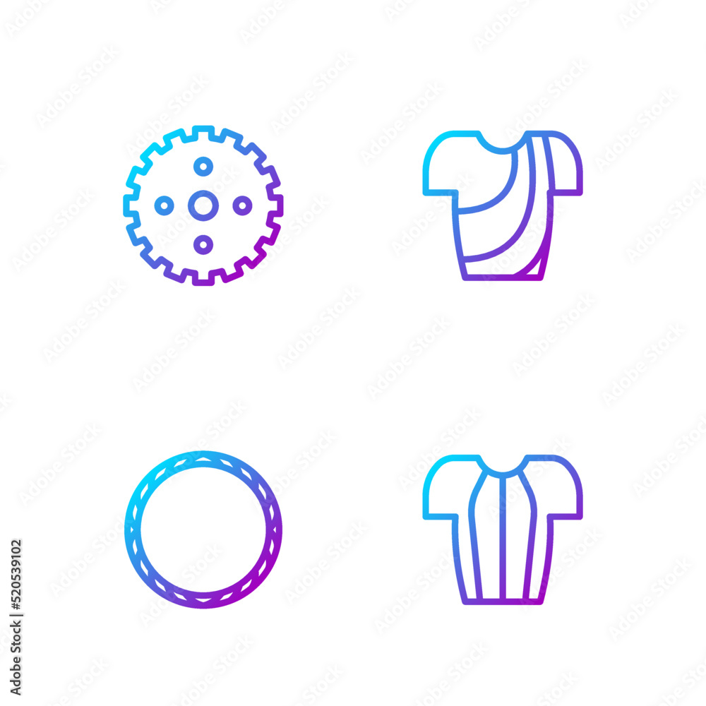 Set line Cycling t-shirt, Bicycle wheel, sprocket crank and . Gradient color icons. Vector