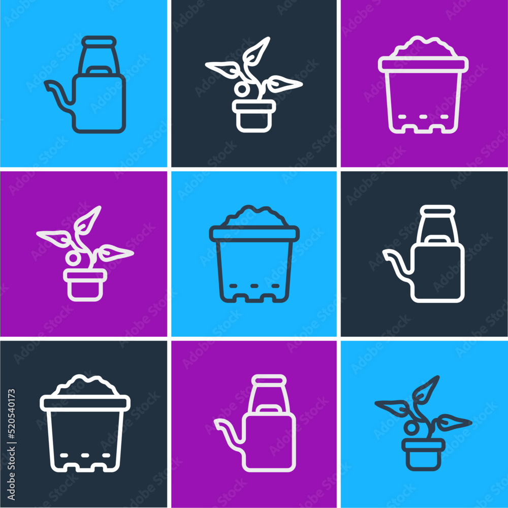 Set line Watering can, Pot with soil and Plant pot icon. Vector