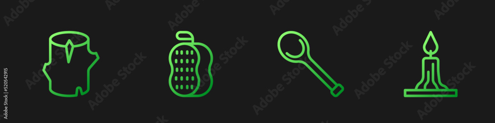 Set line Sauna ladle, Wooden log, Washcloth and Burning candle. Gradient color icons. Vector