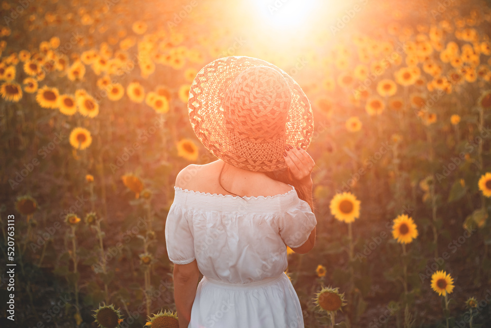 A young girl in a white dress and hat in a field of sunflowers at sunset. Portrait of a woman with a