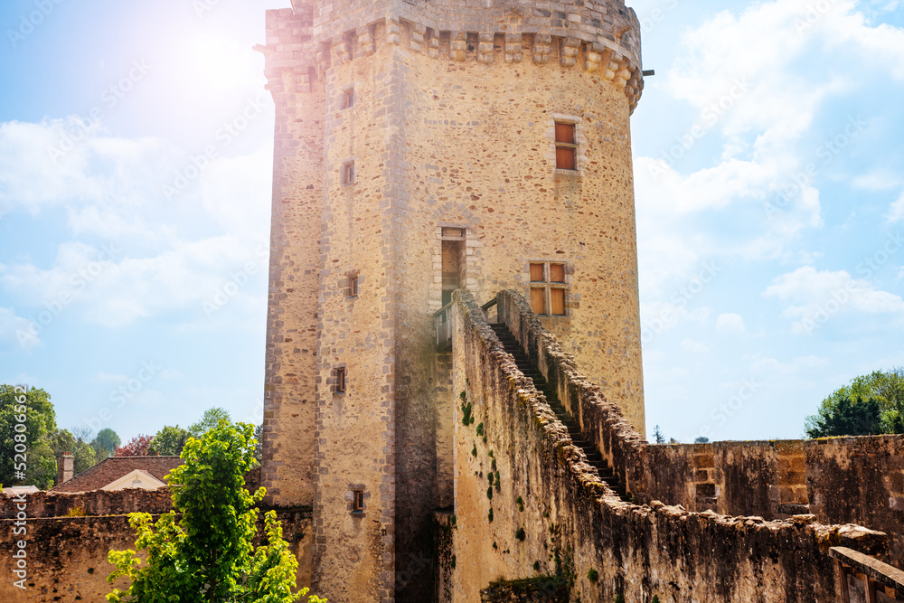 Staircase to medieval stronghold castle tower in Blandy chateau