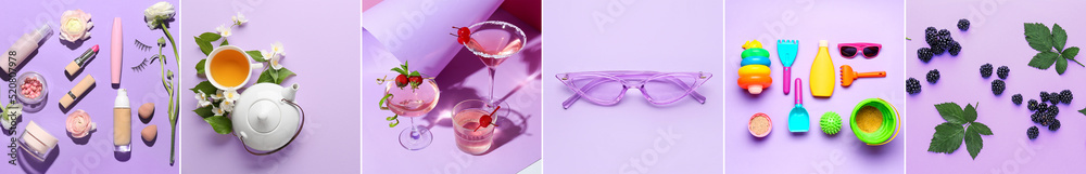 Trendy summer composition on lilac background