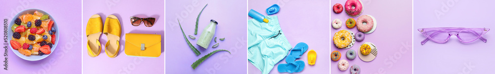 Trendy summer composition on lilac background, top view