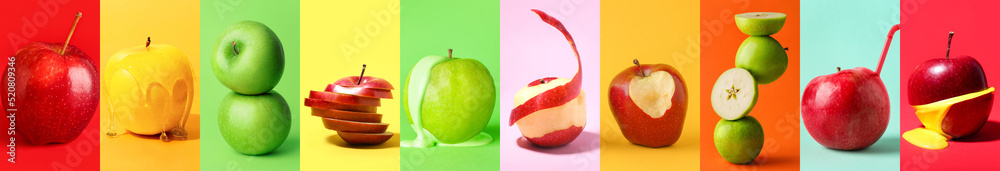 Set of ripe apples on colorful background