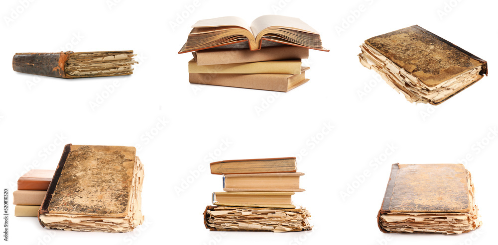 Set of old books on white background