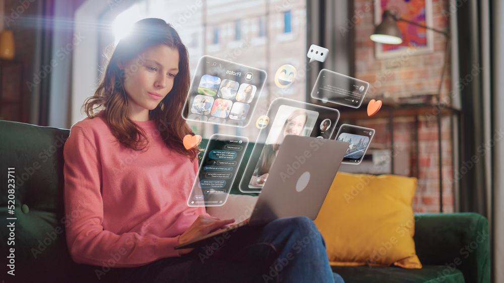 Young Beuatiful Women Using Laptop Computer To Check Social Media, Listen To Music and Read Emails. 