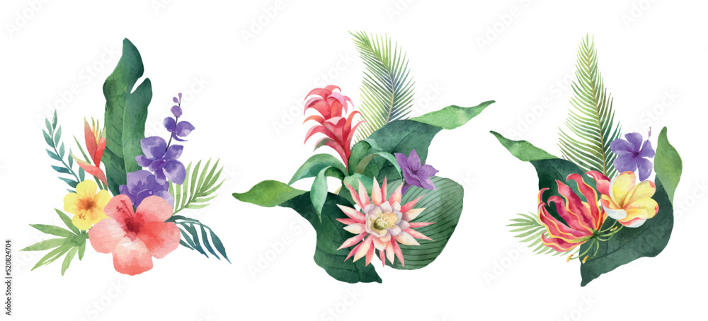 Watercolor vector set with tropical leaves and bright exotic flowers.