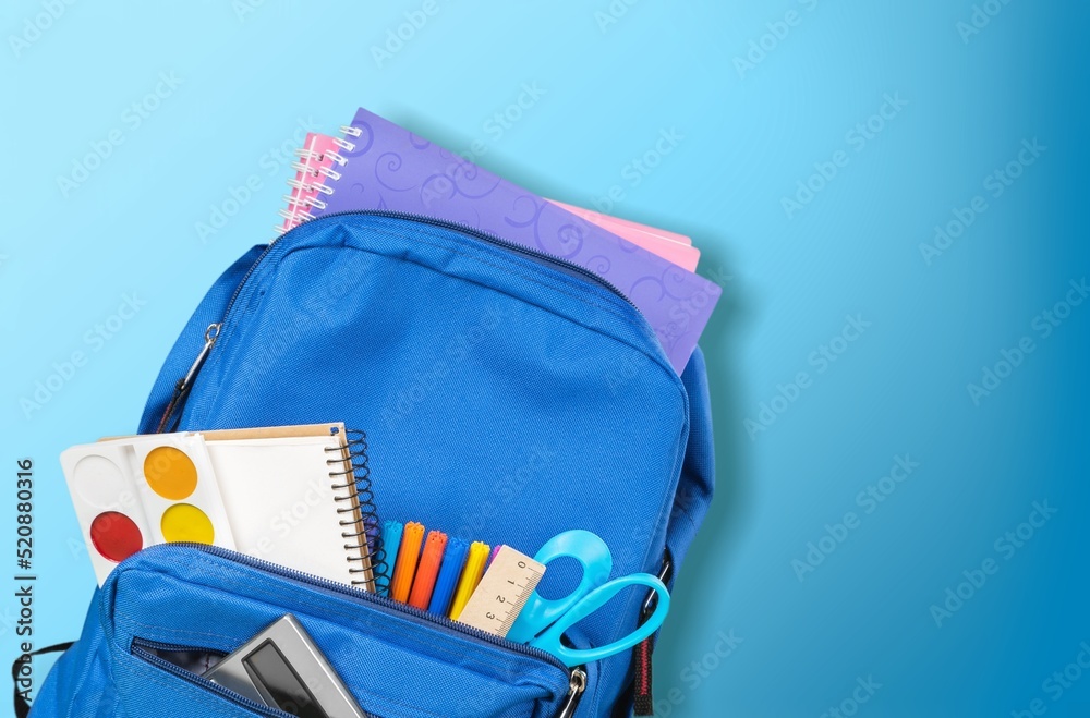 Kids Backpack with school stationery. Primary School or kindergarten.