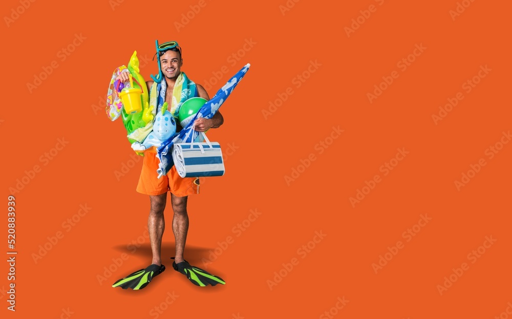 Tourist man ready to travel on weekends. Summer vacation sea rest sun tan concept