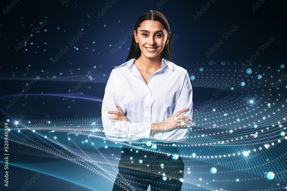 Attractive happy european businesswoman with folded arms standing on abstract glowing blue metaverse