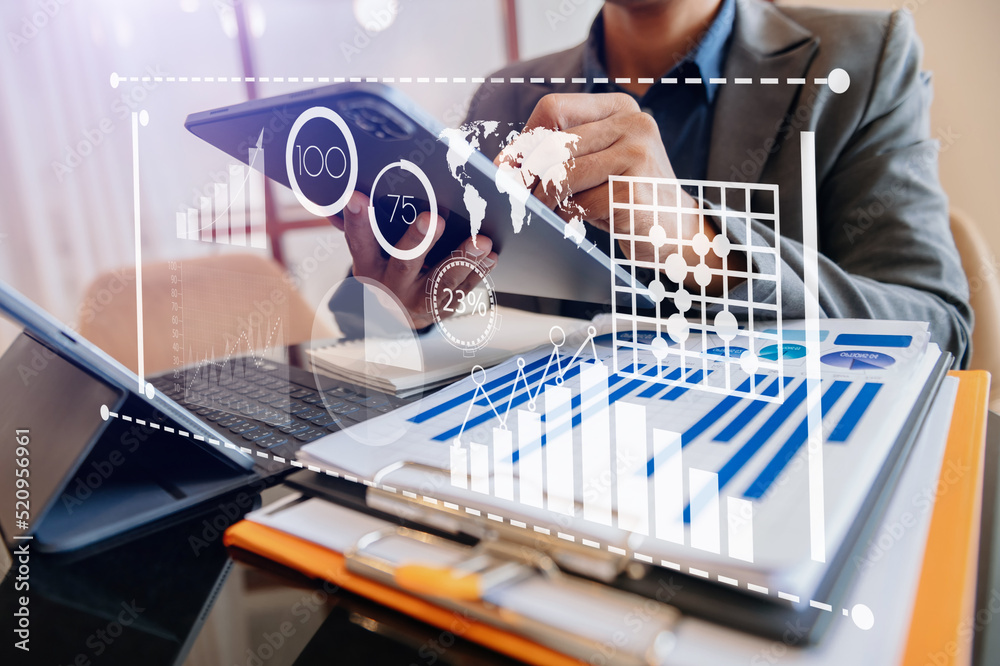 Financial report data of business operations balance sheet and income statement as Fintech concept. 