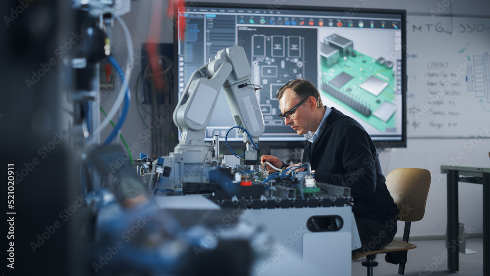 Electronics Engineer Works with Robot, Examining Circuits Using Screwdriver. Computer Science Resear