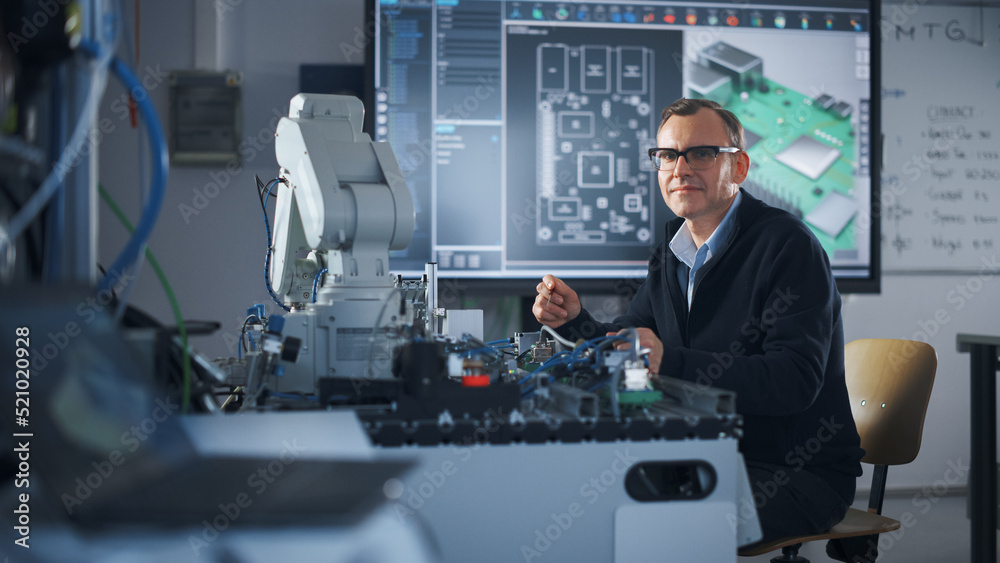 Portrait of Smiling Engineer Using Screwdriver while Working with Microchip of Robotic Arm. Man Look