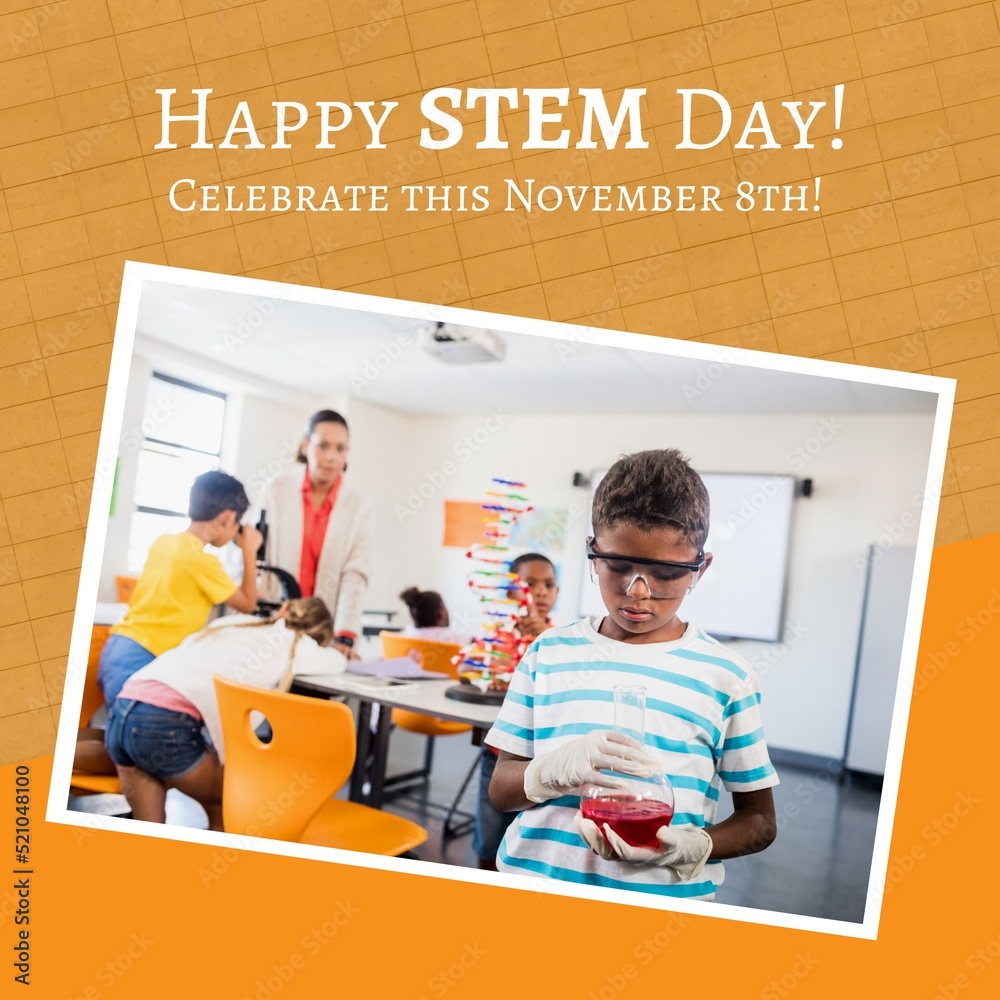 Composition of happy stem day text and photo of biracial boy holding laboratory beaker at school