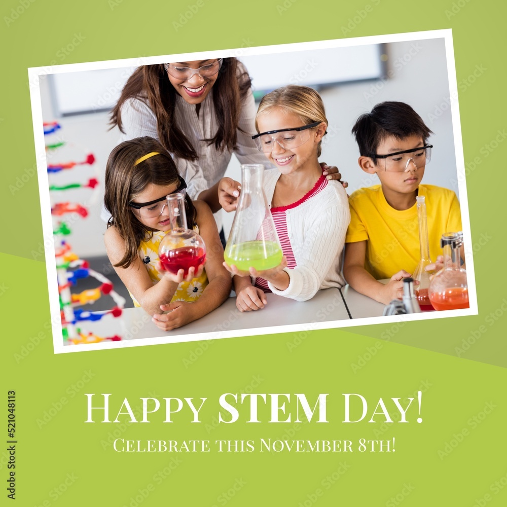 Composition of happy stem day text and photo of diverse school children in laboratory