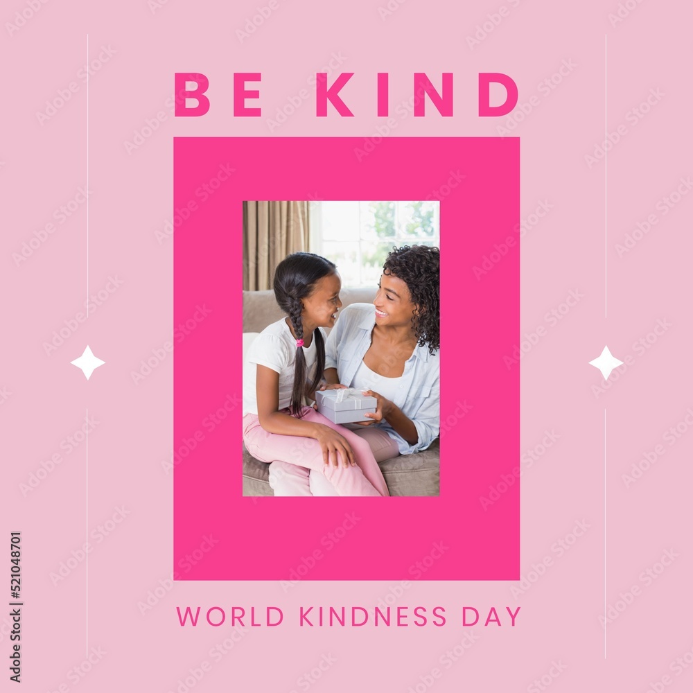 Composition of world kindness day text over african american mother and daughter with present