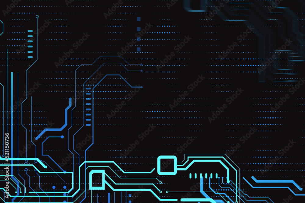 高科技传感器电路板面板。黑暗背景下的技术和数字通信概念。
