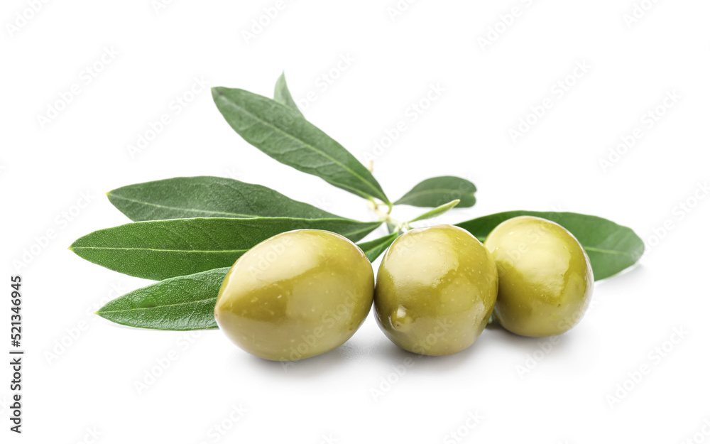 Tasty canned green olives isolated on white