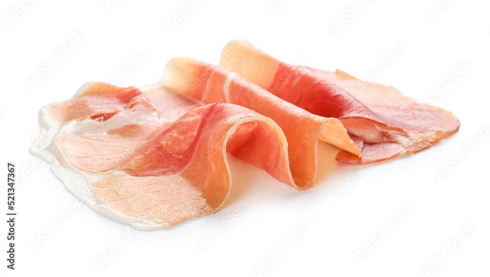 Slice of jamon on white background